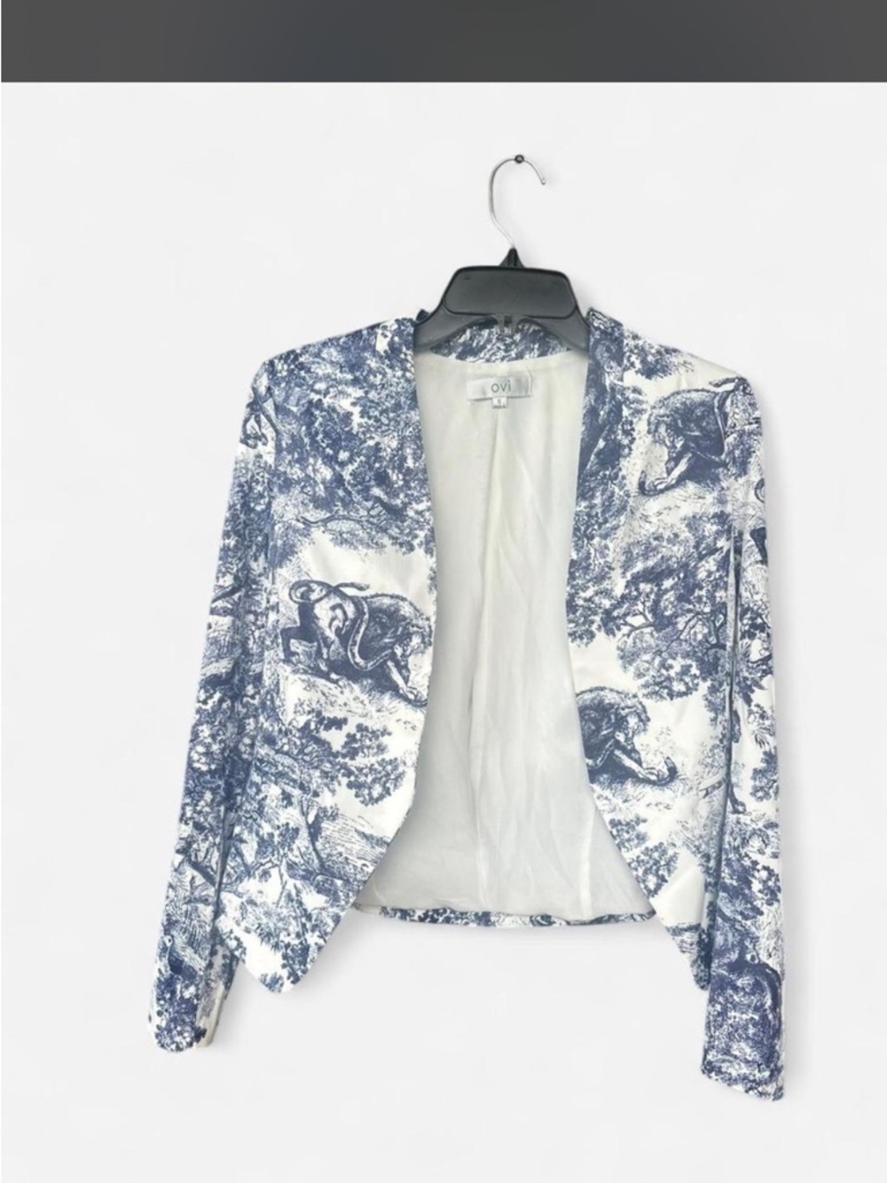Ovi Blue and White Toile Open-Front Blazer